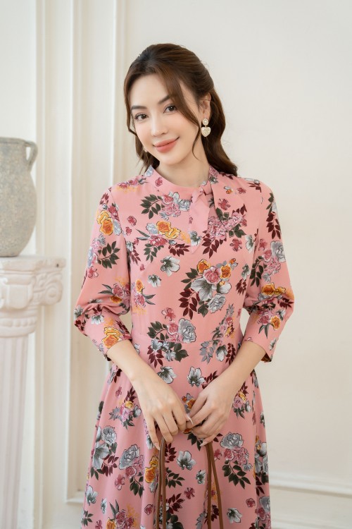 Sixdo Peach Pink Floral Midi Silk Dress